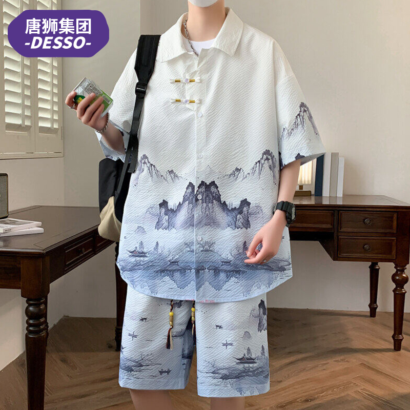 唐狮集团DESSO套装休闲国风夏季短袖衬衫冰丝短裤一整套两件套男