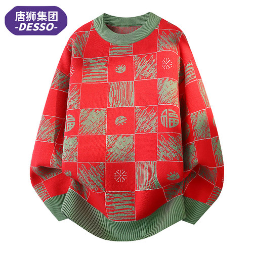 唐狮集团Desso男士2026新年红色福字青少年棋盘格针织衫宽松毛衣