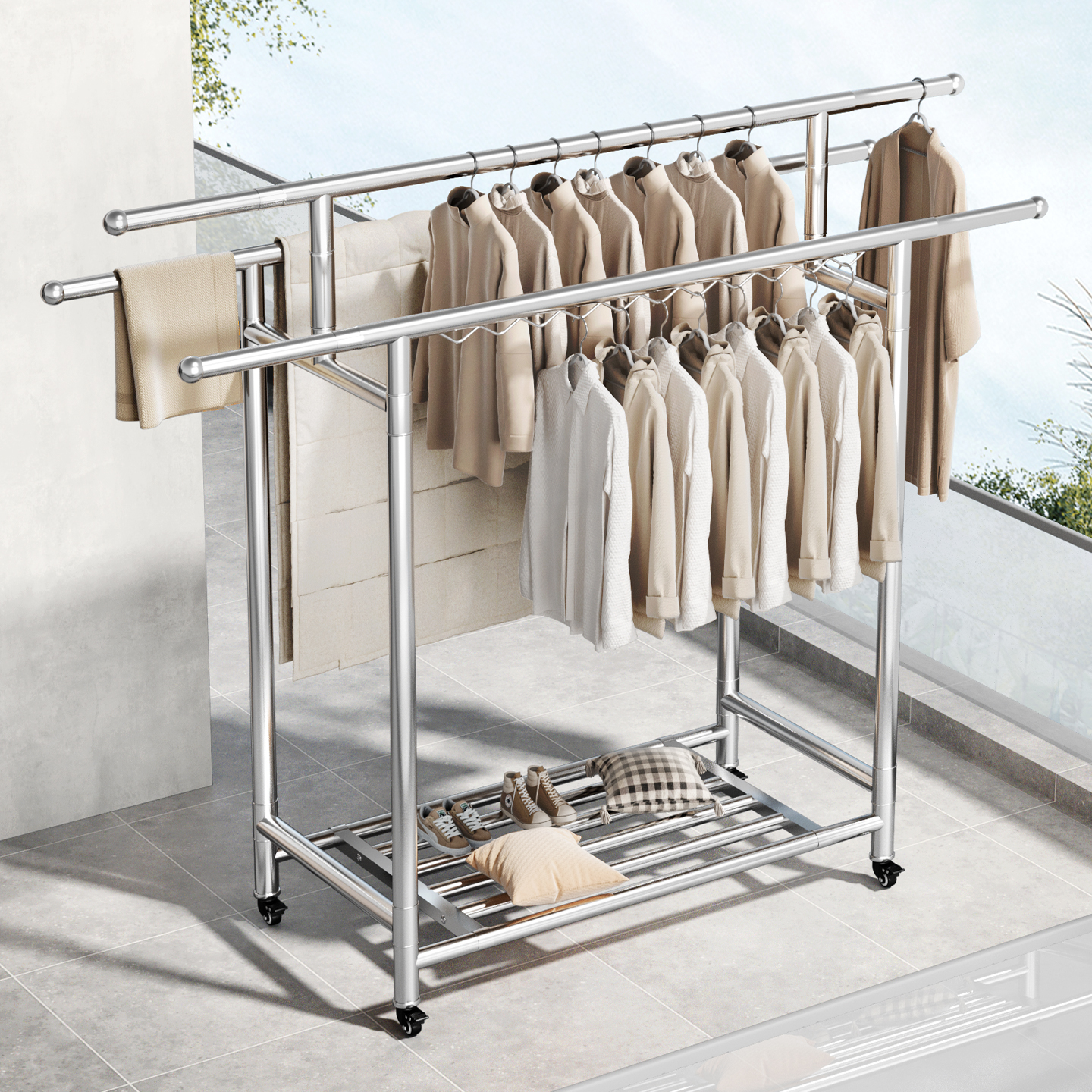 304不锈钢晾衣架落地晒被子神器