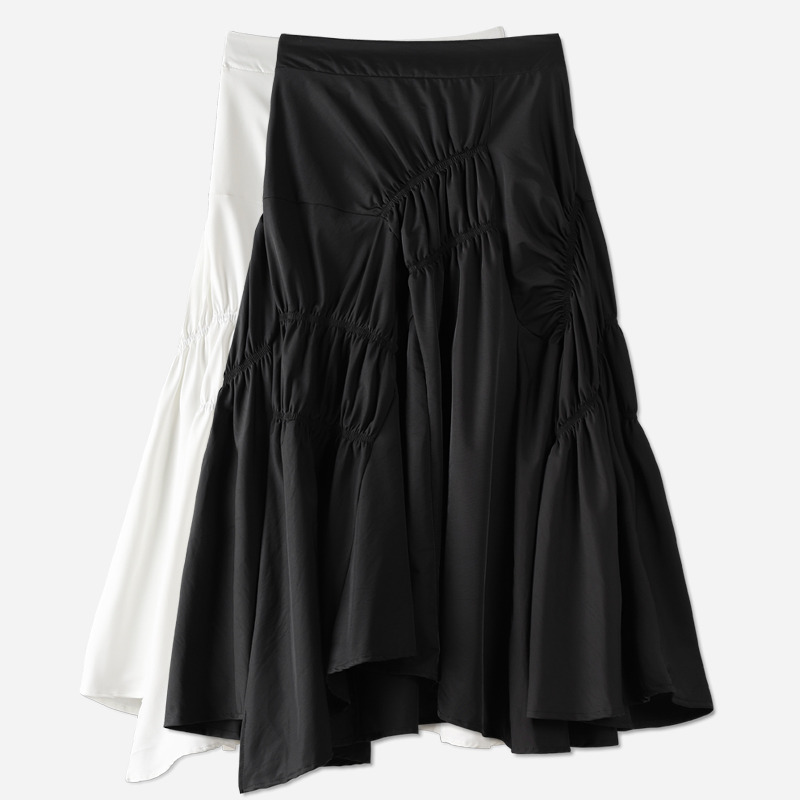 BLACK PLEATED irregular skirt A-line umbrella skirt female design sense of minority white high waist thin puffy skirt spring