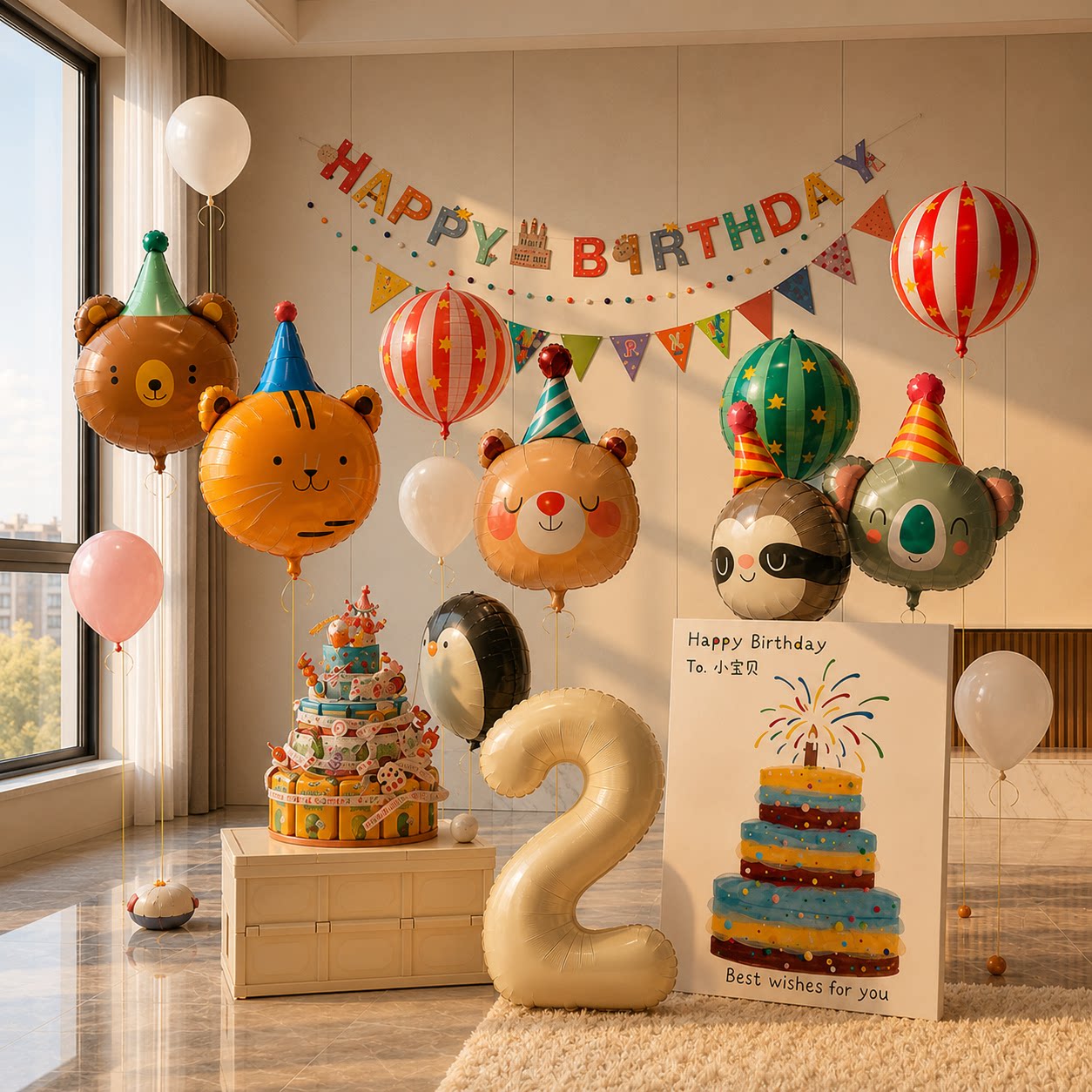 两2周岁生日场景布置装饰男童宝宝仪式感3马戏团动物气球家庭派对