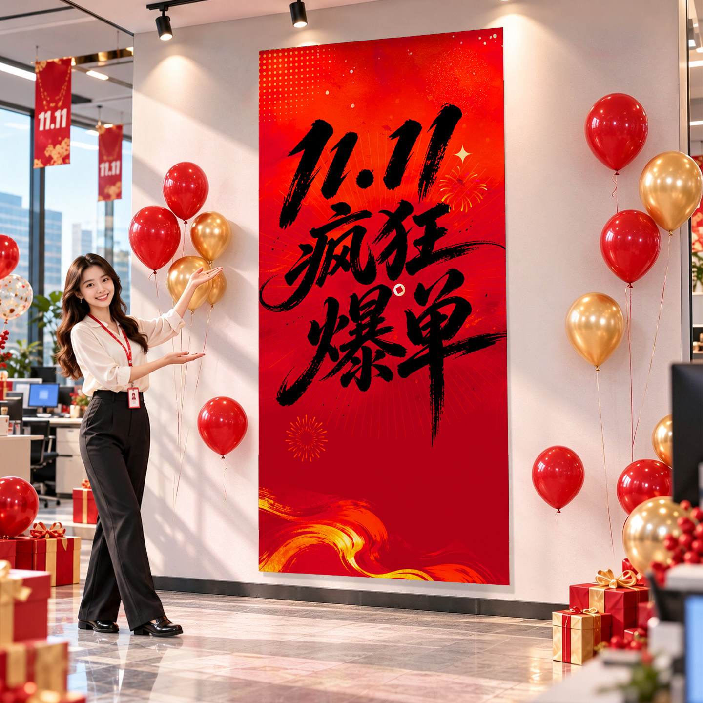 双十一场景布置氛围装饰电商公司11大促活动办公室挂布条幅背景墙