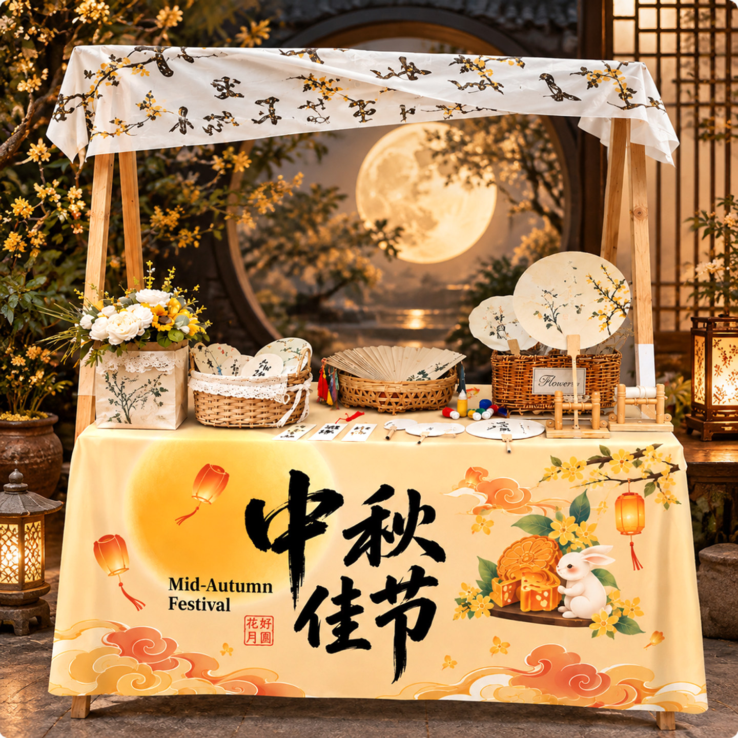 中秋重阳节场景布置游园会桌布氛围创意装饰户外摆摊幼儿园门店铺