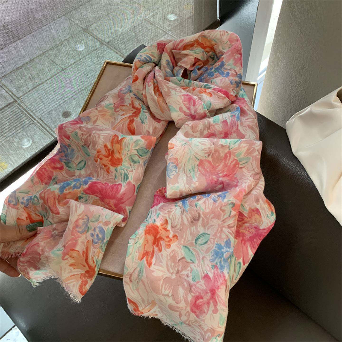 粉色花朵丝巾披肩防晒百搭围巾