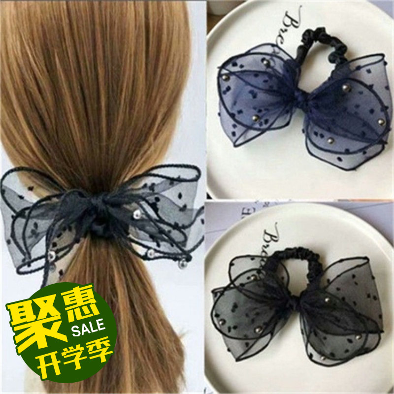 多层淑女钉珠网纱缎带领结发饰