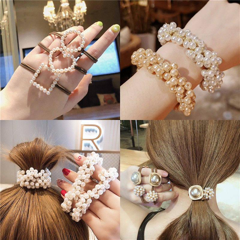 日韩头饰简约甜美珍珠发圈头绳珍珠皮筋发绳网红镶钻扎头发饰品