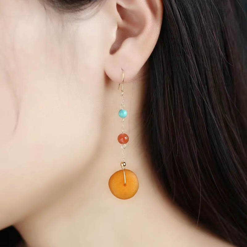 天然鸡油黄老蜜蜡耳环18K金耳钩高档气质俄罗斯琥珀耳坠平安耳饰