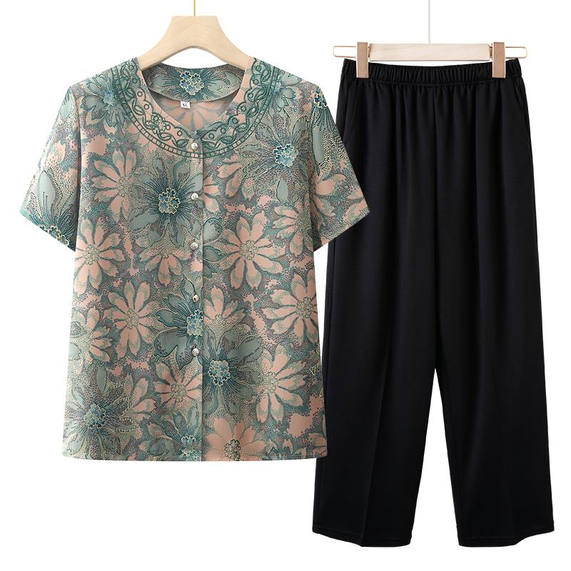 中老年人女装妈妈夏装短袖衬衫套装奶奶2025新款上衣服夏季老太太