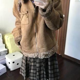 覆古皮毛一体羊羔绒棉服外套女款冬季小个子加绒加厚保暖麂皮棉衣