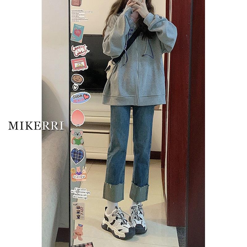 大码翻边直筒牛仔裤女春秋新款胖mm显瘦梨形身材小个子卷边烟管裤