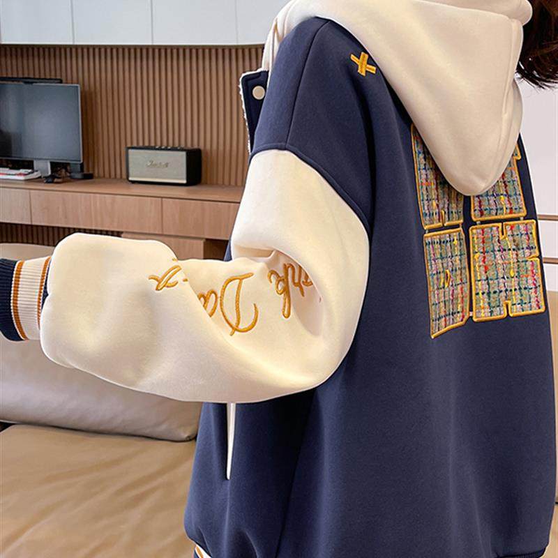 初高中学生超好看学院风连帽卫衣棒球服女秋冬加绒加厚羊羔毛外套