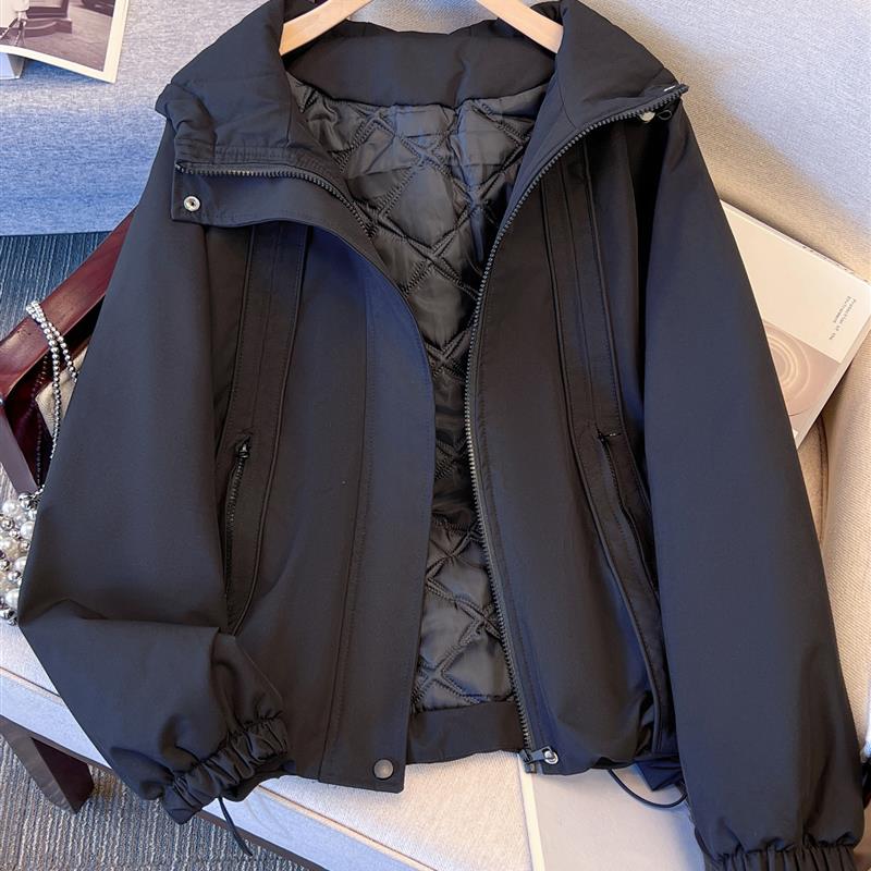 黑色连帽冲锋衣女秋冬夹棉外套2025新款爆款宽松休闲加厚工装棉服