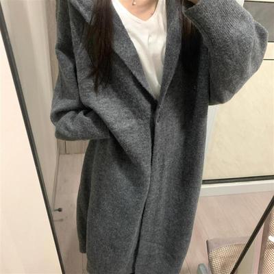 原版韩系慵懒风连帽长款过膝针织开衫女秋冬加厚宽松显瘦外套大衣