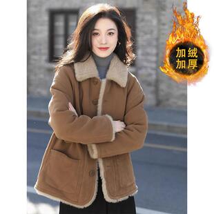 2026新款爆款棕色小香风中长款加绒加厚羊羔毛绒棒球服外套女冬季
