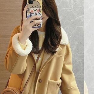 2025新款皮毛一体卡其色翻领小香风短款加绒加厚羊羔毛外套女冬季