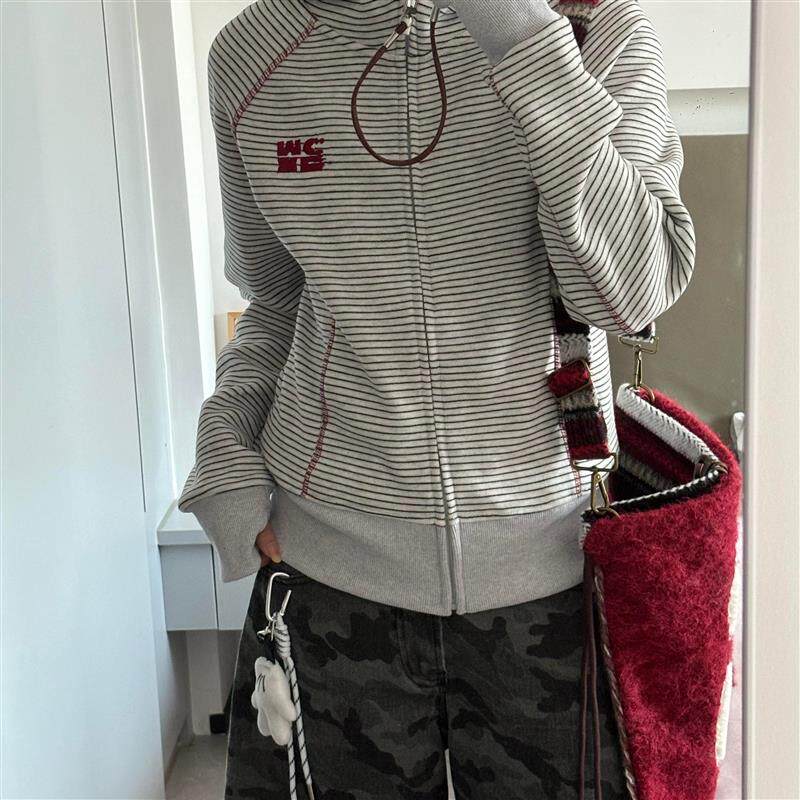 外套女款早春短款收腰哈苏线条纹运动连帽开衫春秋休闲情侣卫衣女