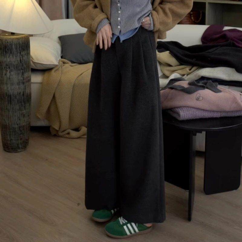 深灰色加厚毛呢休闲裤女秋冬新款大码高腰慵懒风小个子宽松阔腿裤