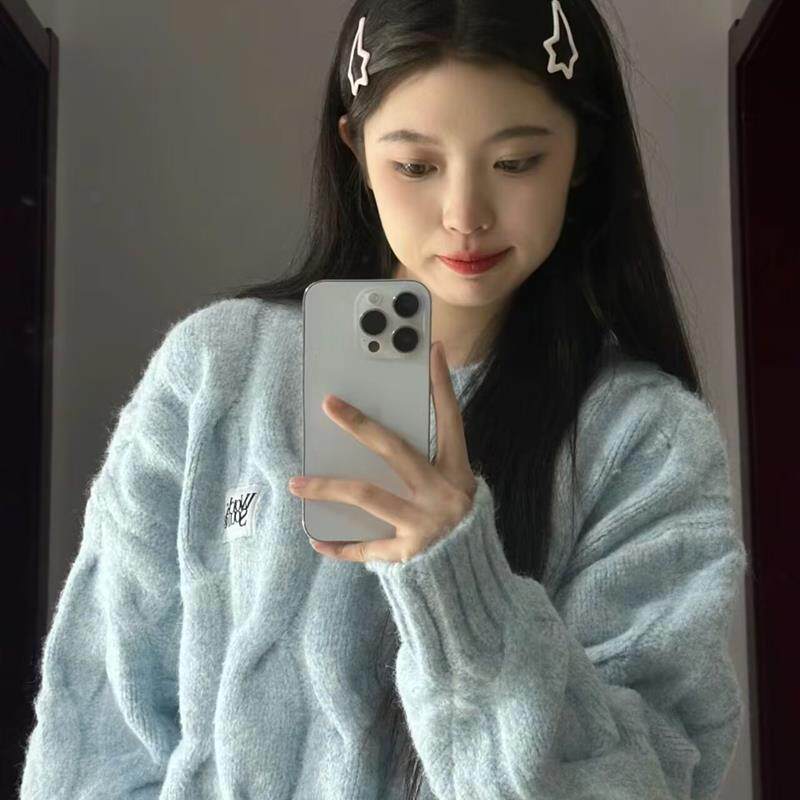 韩系麻花圆领毛衣女秋冬季奶fufu宽松外穿慵懒风软糯加厚针织上衣