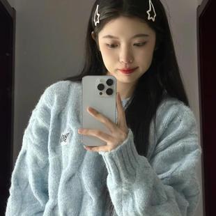 韩系麻花圆领毛衣女秋冬季奶fufu宽松外穿慵懒风软糯加厚针织上衣