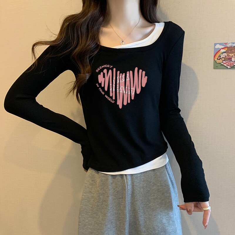 纯棉假两件撞色圆领长袖T恤女短袖新款修身印花上衣打底衫小衫黑