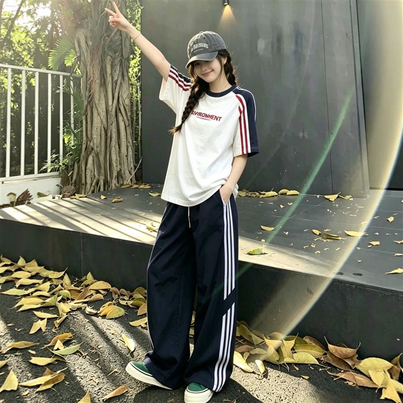 学院风休闲运动服套装女夏季初高中学生宽松时尚短袖阔腿裤两件套