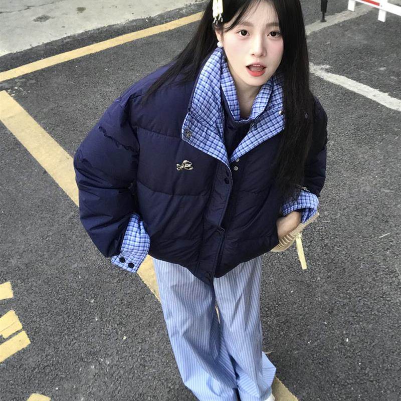 棉衣女款爆款2025新款小个子冬季美式格子棉服潮牌宽松面包服外套