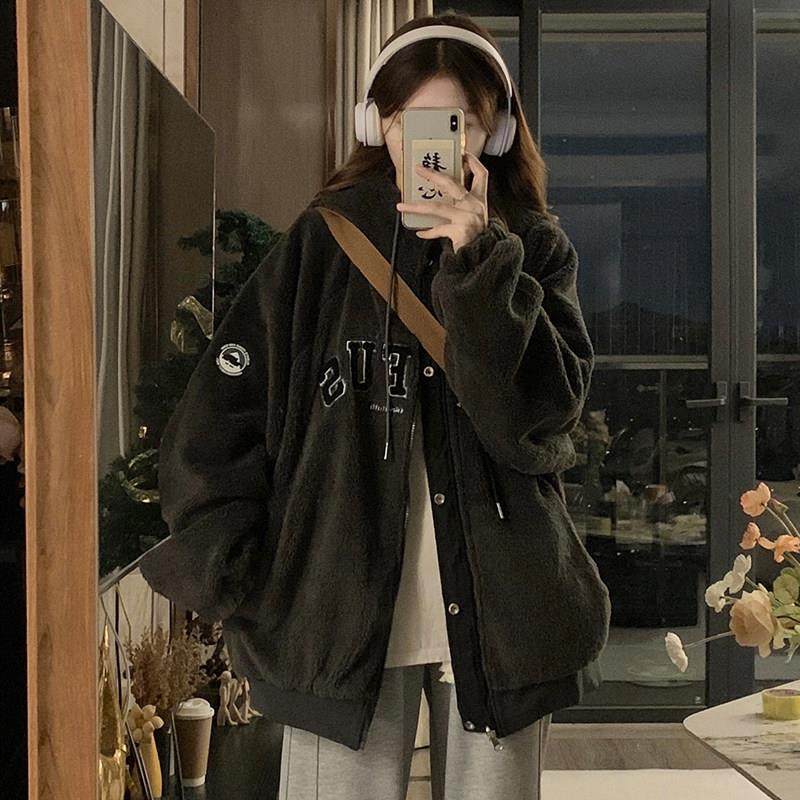 双面穿棒球服羊羔毛外套女2024冬季新款加厚加绒美式覆古棉服棉袄