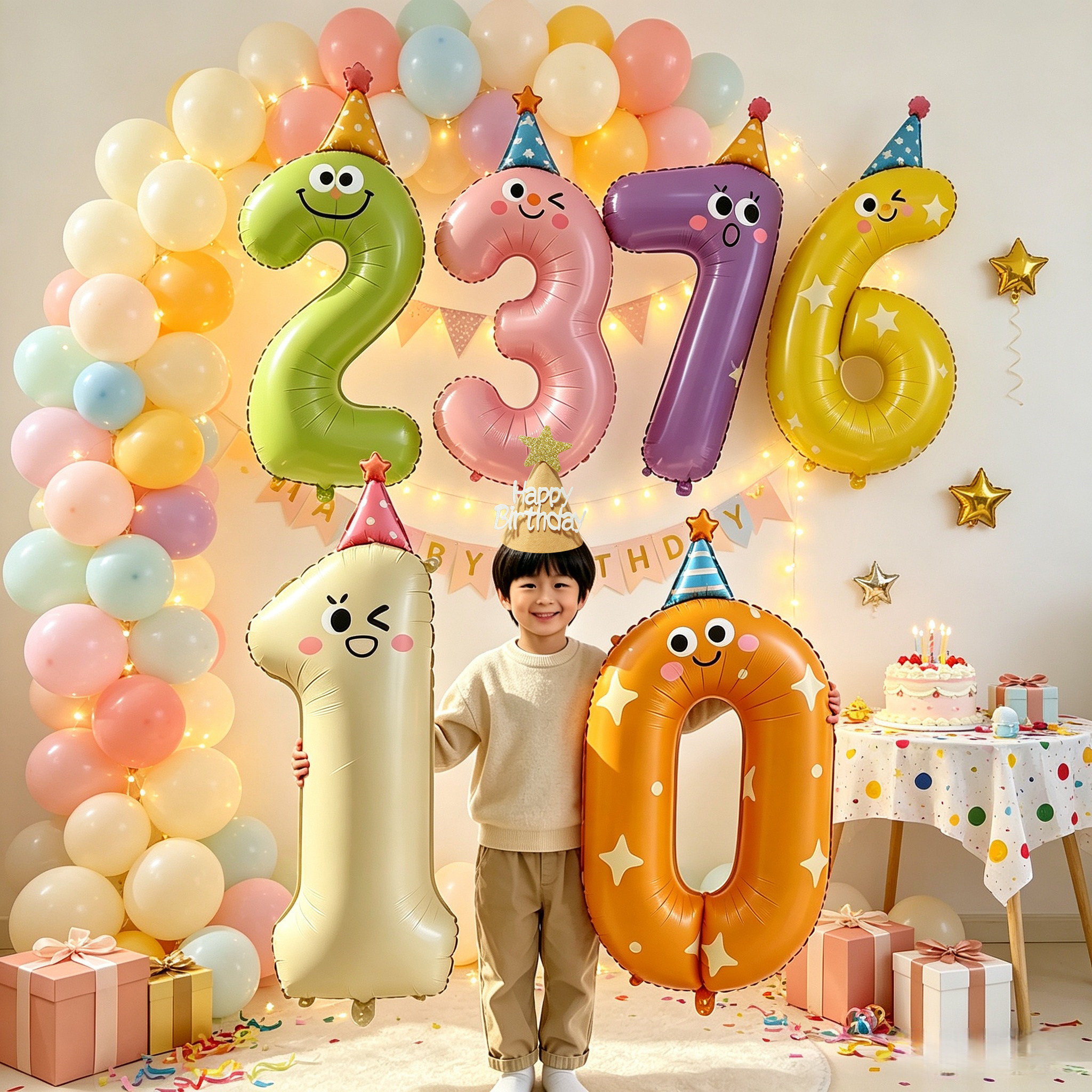 可爱卡通笑脸数字气球生日派对装饰男女孩儿童生日周岁拍摄道具