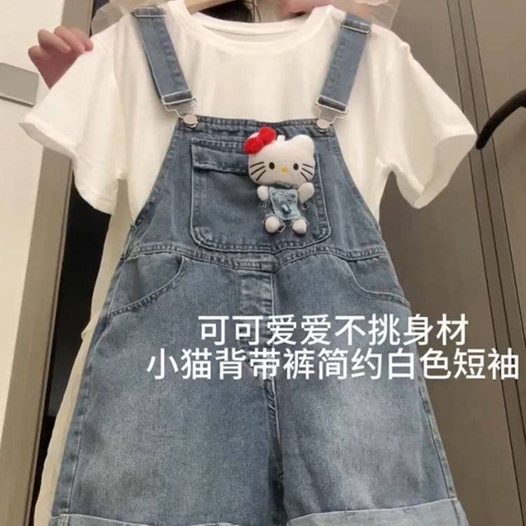 女童夏装套装2026新款儿童牛仔背带裤洋气时髦薄款短袖T恤两件套图片
