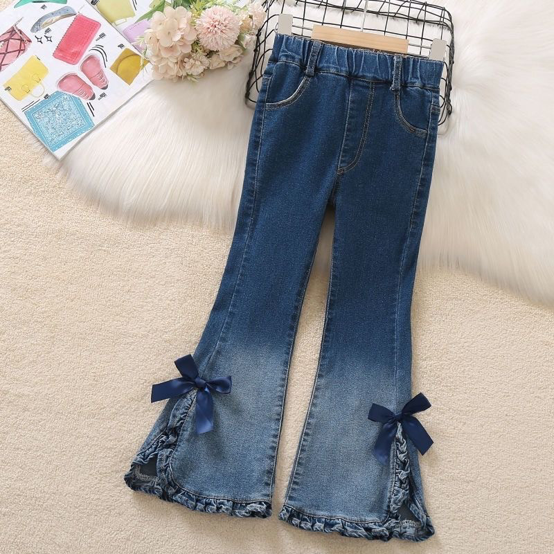 女童牛仔裤2026春秋新款洋气中大童修身弹力蝴蝶结花边喇叭裤子潮