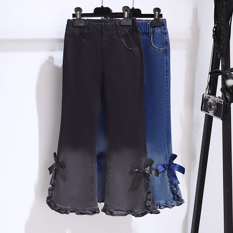 女童加绒牛仔裤2025冬季新款儿童时髦女孩微弹力蝴蝶结喇叭裤洋气