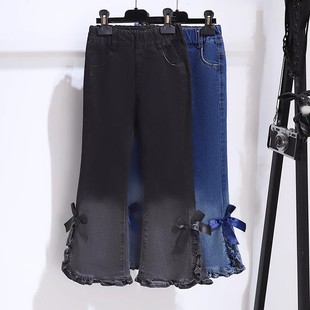 女童加绒牛仔裤2026冬季新款儿童时髦女孩微弹力蝴蝶结喇叭裤洋气