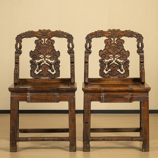 清代红木透雕福庆有余靠背椅（一对）明清家具收藏大红酸枝椅子