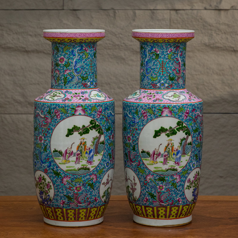 清代粉彩人物故事圆形开窗盘口瓶（一对）文玩古董瓷器艺术品摆件