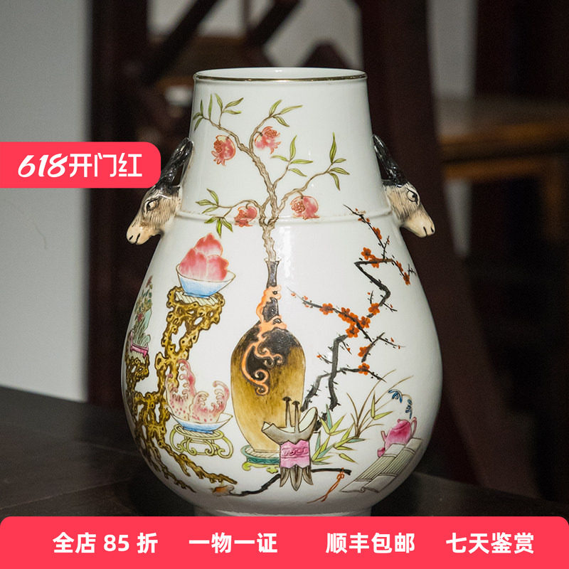 民国许品衡款浅绛彩三多图鹿耳尊老物件文玩古董收藏中式瓷器摆件