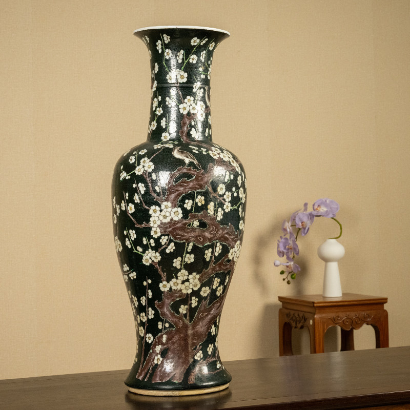 清代黑地粉彩喜上眉梢凤尾尊花瓶古玩收藏瓷器艺术品大赏瓶摆件