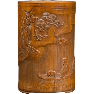 清代 竹雕泛舟图人物笔筒老物件文玩古董收藏竹制艺术品笔筒摆件