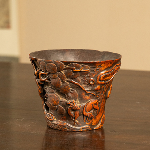 清代竹雕松鹿图爵杯老物件文玩古董收藏真品蜘蛛艺术品装饰摆件