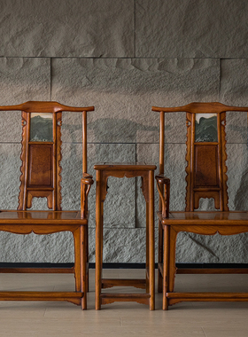 黄花梨镶云石三四出头官帽椅成套