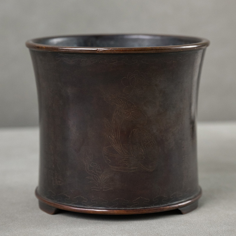 清代 铜嵌银丝心经束腰笔筒古董收藏铜制艺术品文房雅器笔筒摆件