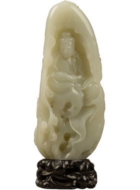 和田玉籽料雕太湖石观音山子摆件