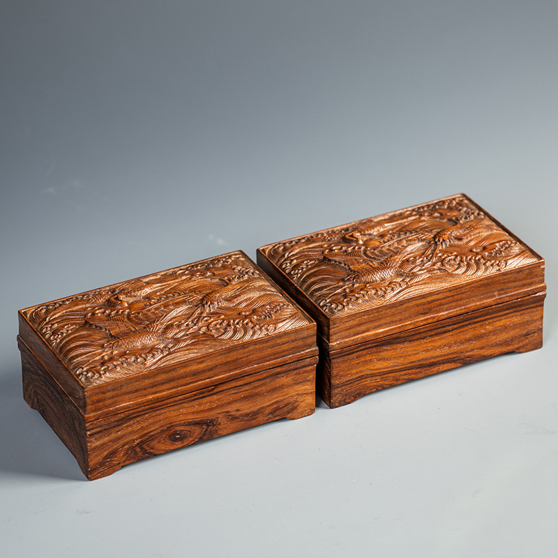 二十世纪黄花梨高浮雕海水仙鹤纹首饰盒（一对）海黄满彻文房盒
