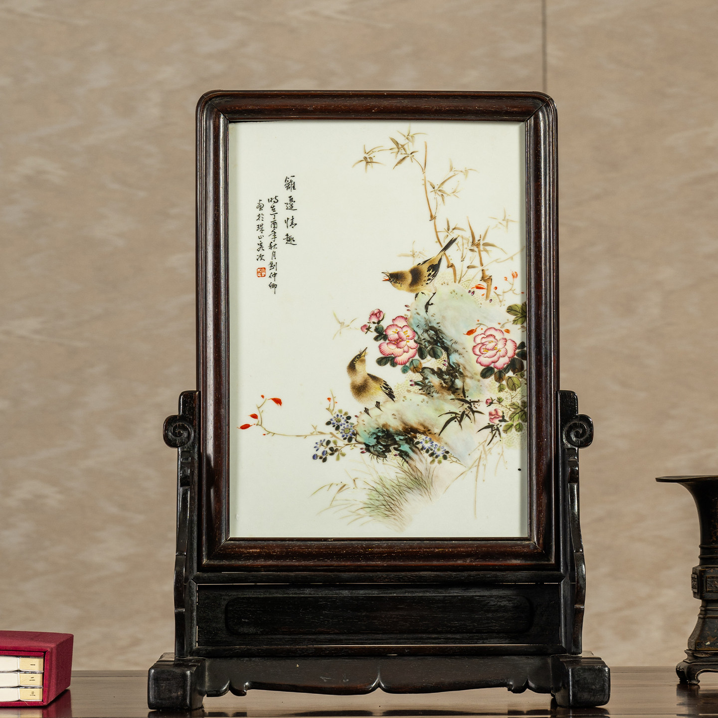近代 红木镶粉彩花鸟纹插屏文玩古董收藏书房办公室祝福摆件屏风,家居饰品,艺术摆件,淘宝优惠券,粉丝福利购,淘宝优惠卷