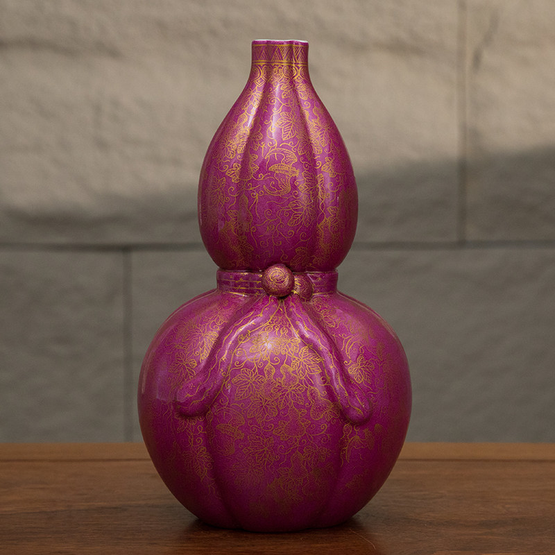 清代胭脂红釉描金包袱葫芦瓶文玩古董瓷器收藏客厅办公室赏瓶摆件