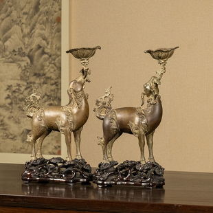 清代铜羊衔灵芝荷叶托灯台及红木透雕灵芝纹座(一对)古玩收藏