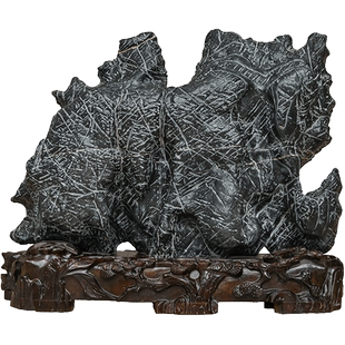 灵璧石山子摆件(红木座)中式家居摆件天然原石灵璧石文房赏石