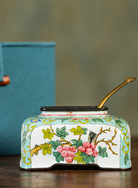 铜胎画珐琅花鸟纹方形水盂