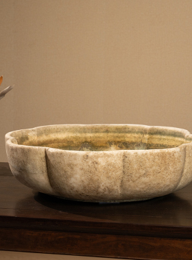 汉白玉花口赏盆中式家居摆件