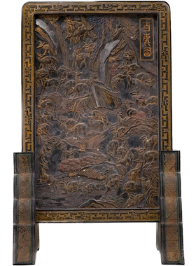 清代徽墨描金百鹿图插屏摆件