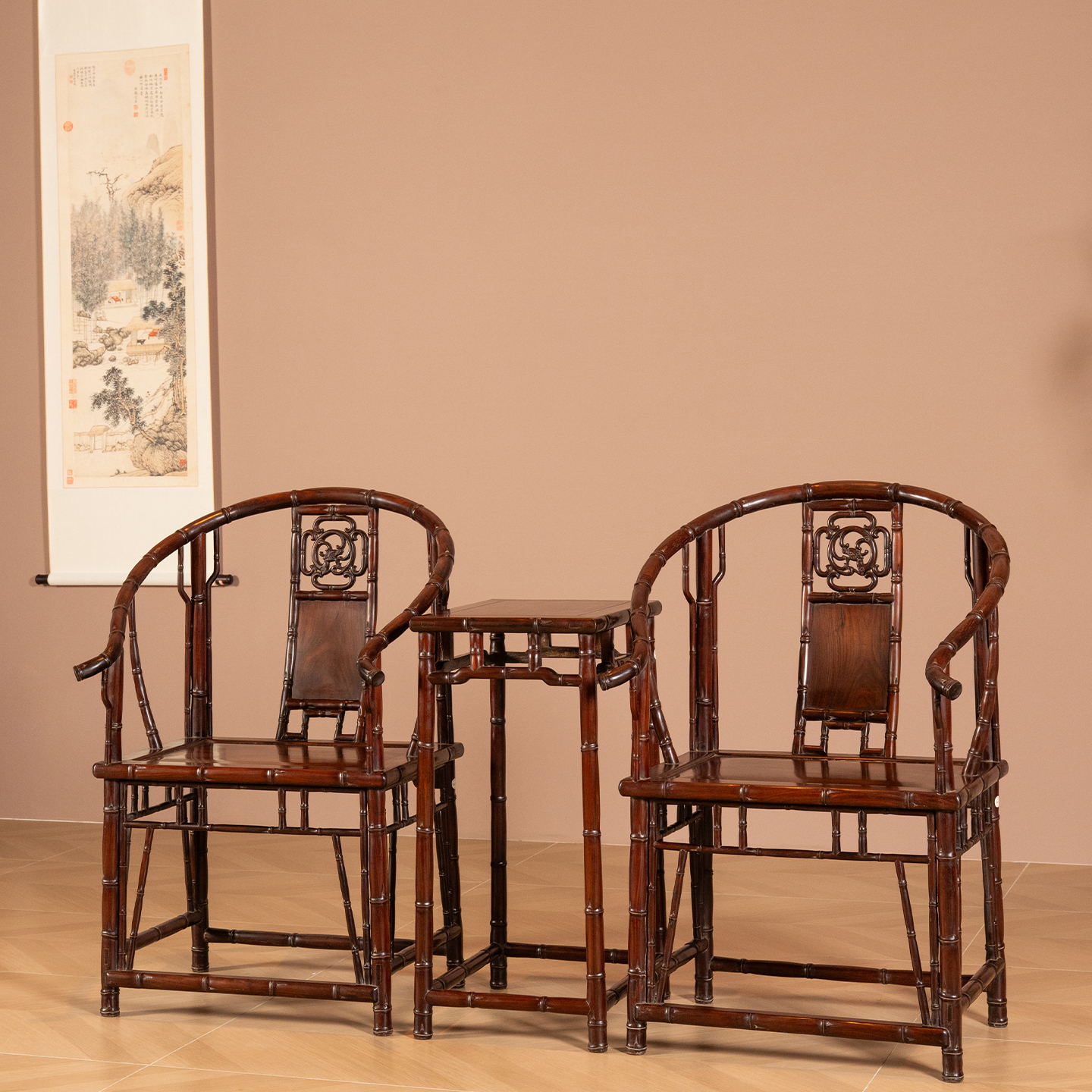 清代红木竹节工圈椅大红酸枝